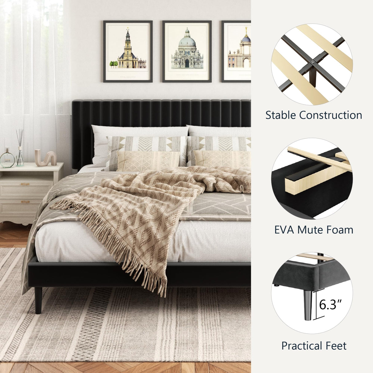 HAOARA King Size Bed Frame, King Size Platform Bed Frame and Velvet Upholstered Headboard with Strong Wood Slats, Box Spring Optional, Mattress Foundation, Easy Assembly Black HAOARA