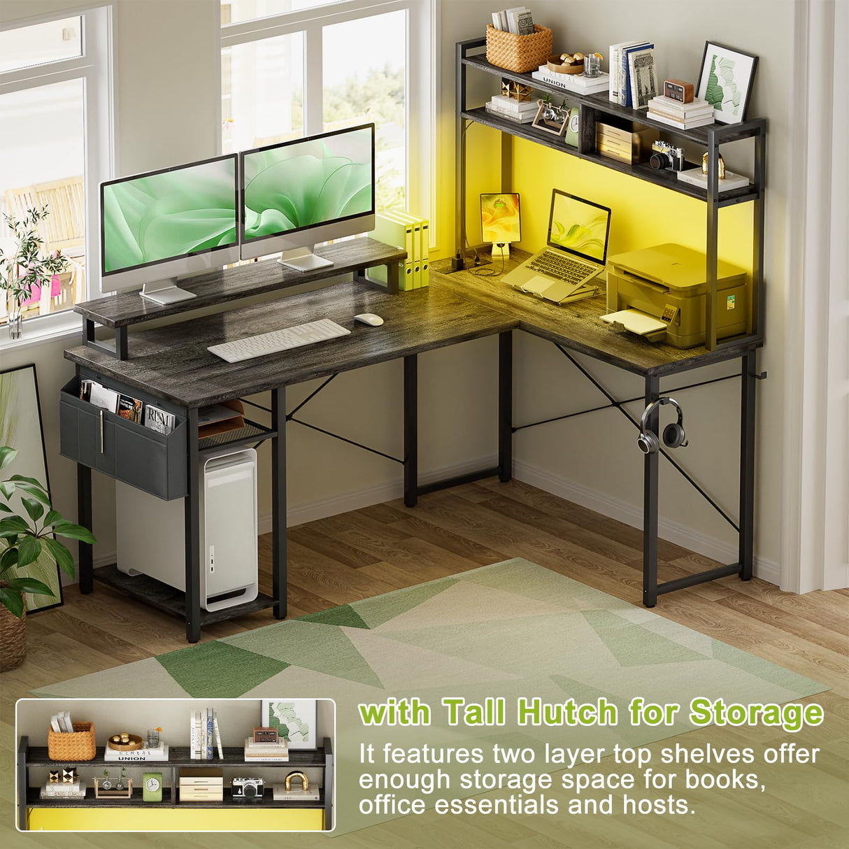 Besiost Small L Shaped Gaming Desk with Power Outlets, 48" Reversible L Shaped LED Computer Desk with Monitor Stand & Storage Shelf, Corner Gamer Desk Home Office Desk with Storage Bag, Black Oak Besiost