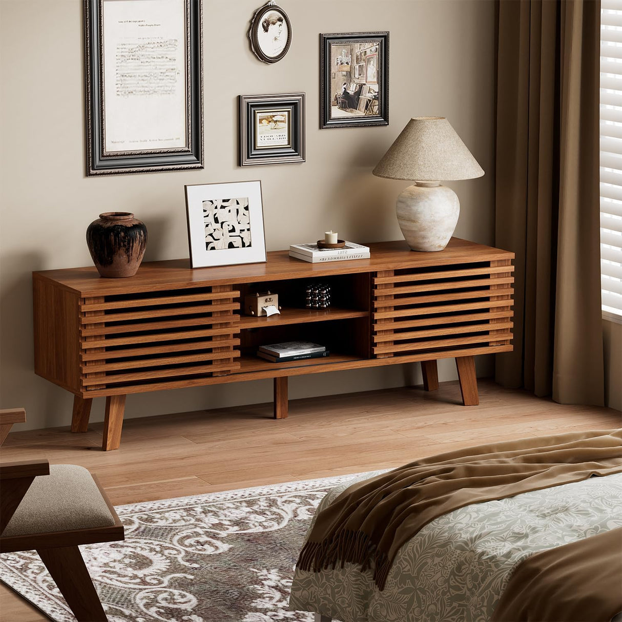 BVFUKA Mid Century Modern TV Stand for 55/60/65 inch TV, Entertainment Center with Sliding Door and Storage Shelves, TV and Media Consol for Living Room, Boho Wood Credenza for Living Room BVFUKA