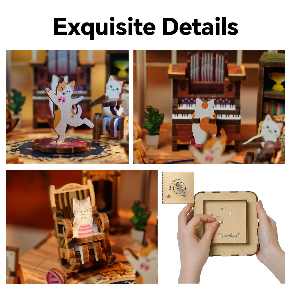 Tonecheer Wooden Music Box Puzzle for Adults,DIY Rotating Music Box Kit 3D Creative Musical Puzzle Crafts Model Building Kits Desk Decor for Teens Kids Birthday Gift (Cats Family) Tonecheer