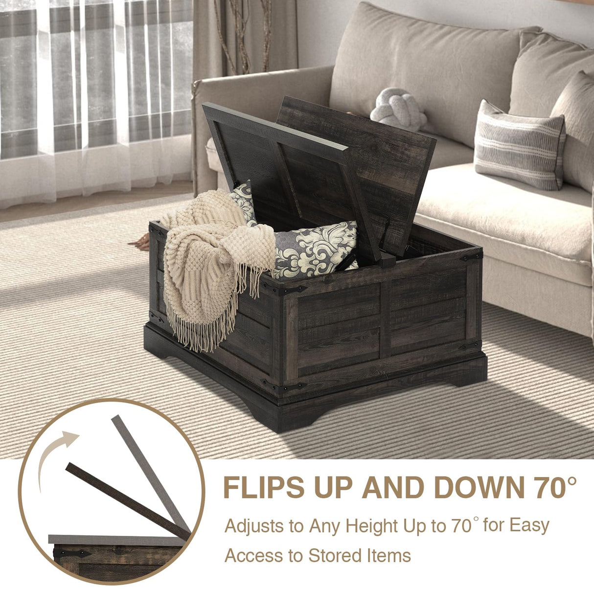 Wnutrees Farmhouse Coffee Table with Hinged Lift Top and Large Hidden Storage Compartment, Rustic Square Wood Central Table for Living Room, Bedroom, Home Office,Dark Wnutrees