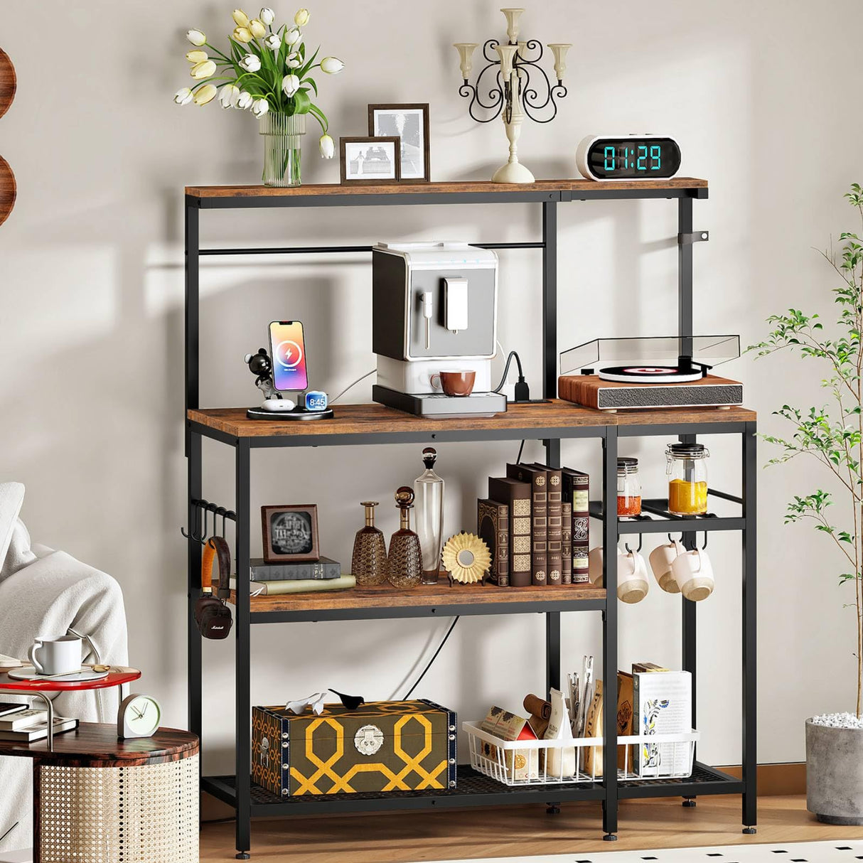 HOOBRO Bakers Rack with Power Outlet, 4-Tier Corner Microwave Stand with Storage, Coffee Bar with 8 S-Shaped Hooks, Kitchen Shelf Rack, 2 Installation Methods, Rustic Brown and Black BF20UHB01 HOOBRO