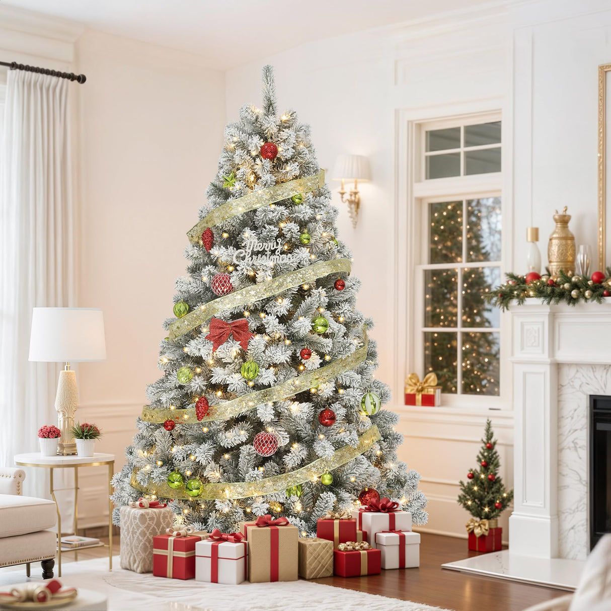 GOOBED Prelit Flocked Christmas Tree 6FT w/Remote, Prelit Snow Flocked Artificial Xmas Tree w/ 1000 Branch Tips & 250 Lights, Foldable Base for Homes Restaurants, Malls, Hotels, and Holiday Decor GOOBED