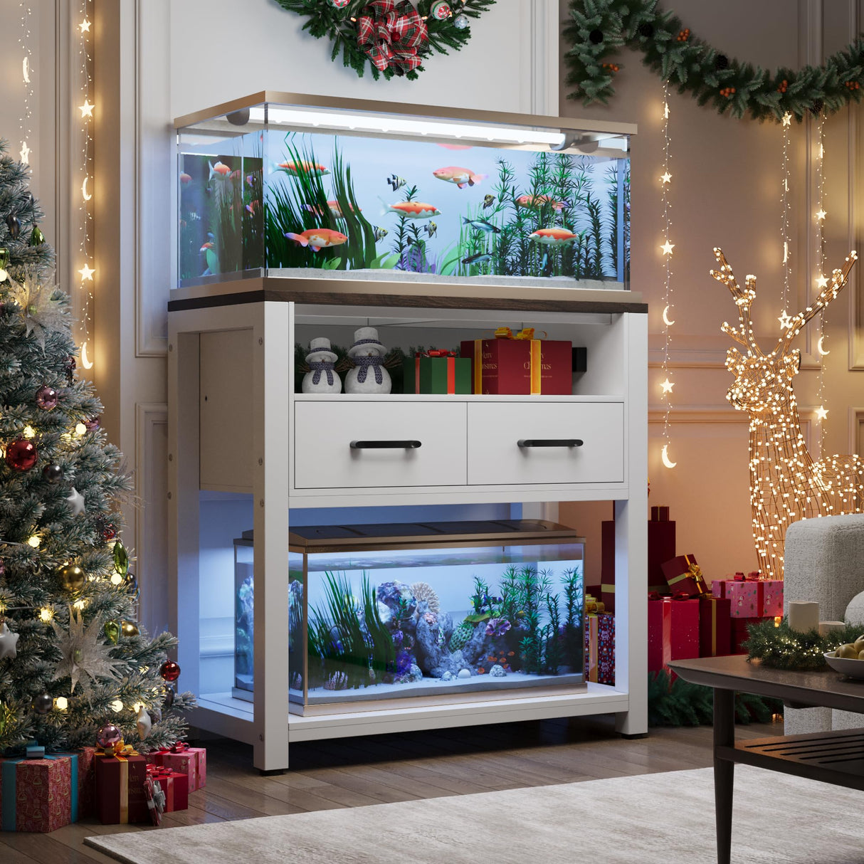 EOSVALO 20-29 Gallon Aquarium Stand with Stable Metal Frame & Power Outlet, Heavy-Duty Fish Tank Stand with Waterproof Mat, 550LBS Capacity Storage Cabinet, White+Brown EOSVALO