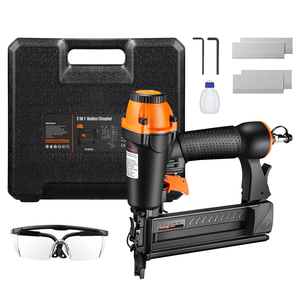 DSF Brad Nailer, Pneumatic, 18GA 2-In-1 Nailer, 5/8 inch-2 inch, Wider Visual Nail Indicator, 200pcs Brad Nails And 200pcs Crown Staples, 360 Degree Adjustable Exhaust, And CE Safety Glasses - TK5040 outtkitywi