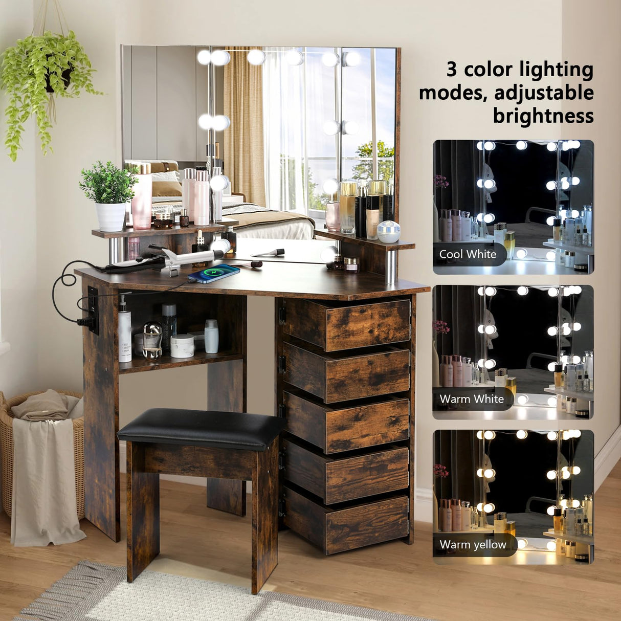 VOWNER Vanity with Lights - Makeup Vanity Desk with Power Outlet, 3 Color Lighting Options Brightness Adjustable, Vanity Table with 5 Rotating Drawers, Shelves and Stool for Bedroom, Rustic VOWNER