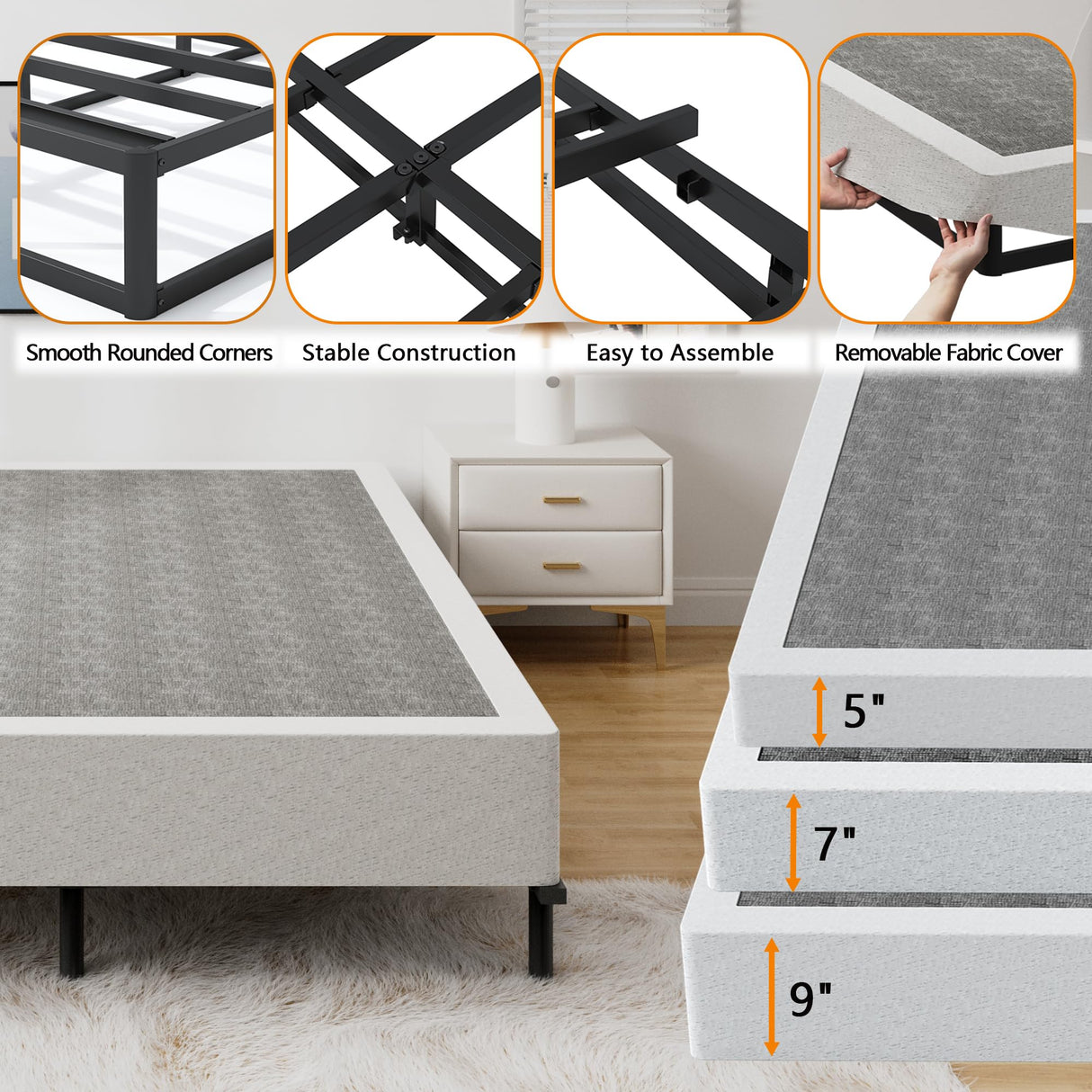 Snaye King Box Spring Bed Base 9 Inch, 3000lbs Heavy Duty Metal Mattress Foundation with Fabric Cover, Tool-Free Easy Assembly, Noise Free Snaye