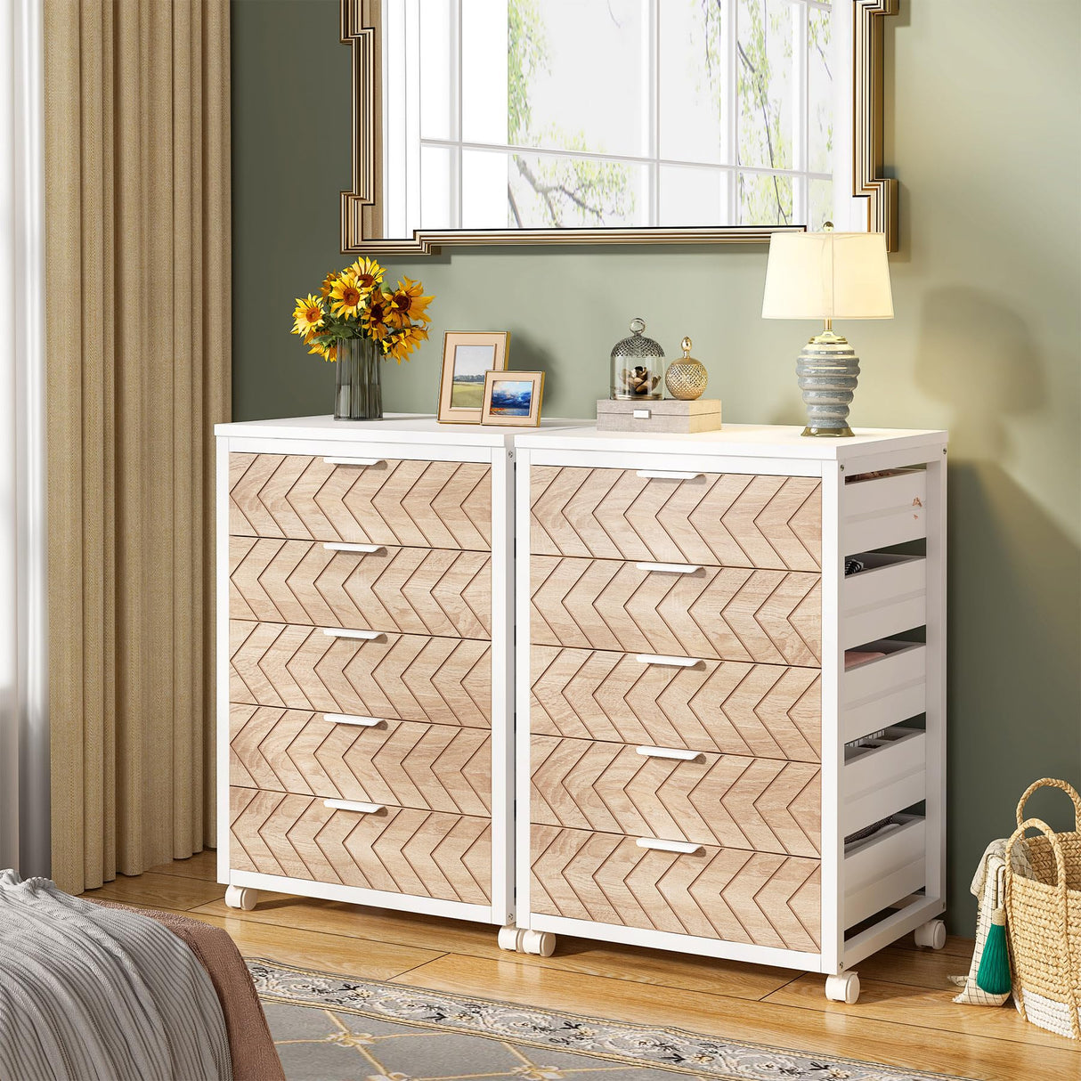 Tribesigns 5-Drawer File Cabinet, Wood Mobile Storage Drawer Unit, Industrial Office Cabinet with Drawers & Wheels, Rolling Printer Stand for Home Office (White & Beige) Tribesigns