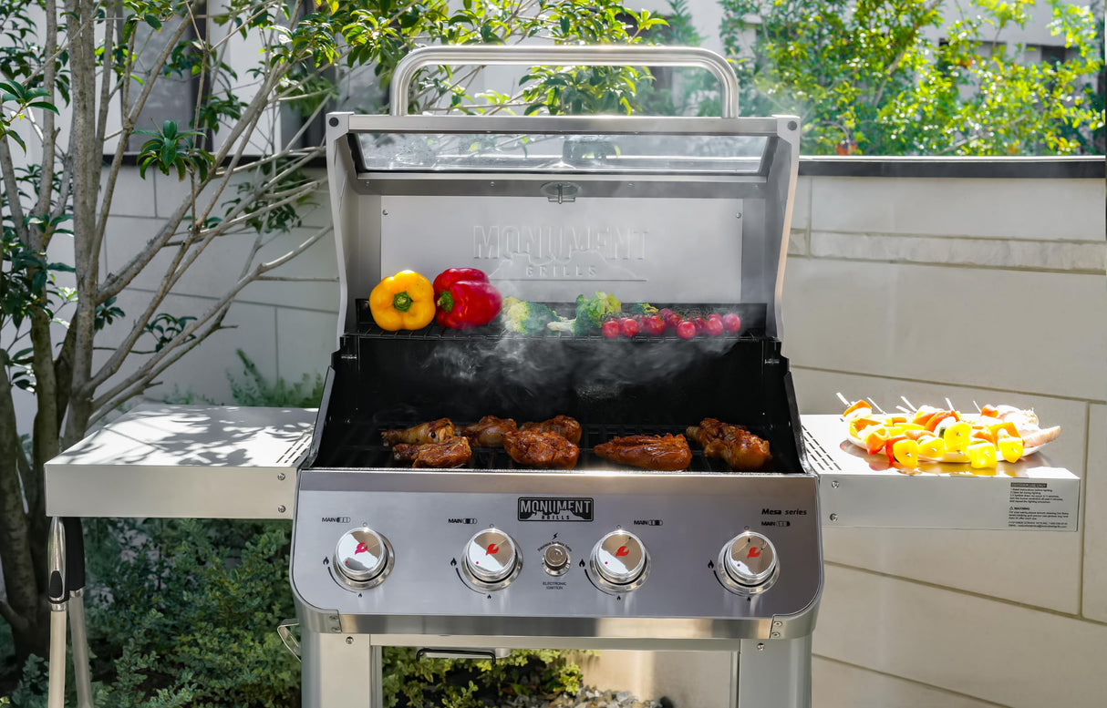 Monument Grills 4-Burner Liquid Propane Gas Grill, Silver Stainless Steel Grill Outdoor Patio Garden Barbecue Grill with Clearview® Lid and One Foldable Shelves, Mesa400MF Monument Grills