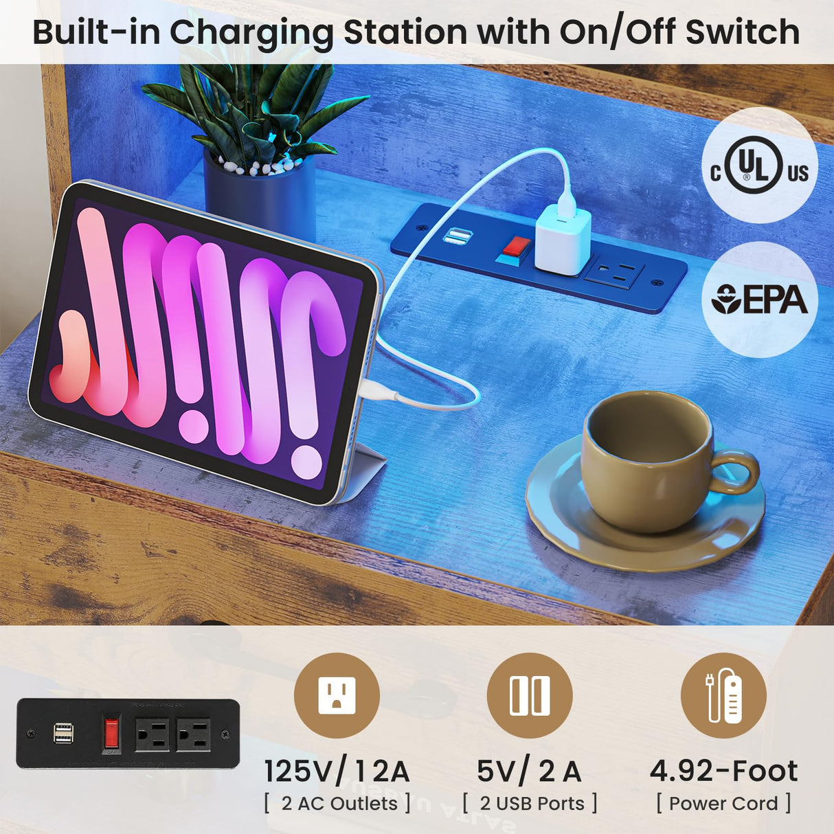 VIAGDO Tall Nightstand Set of 2 with Charging Station and LED Lights, Rustic Brown Night Stand Set 2 with Bookshelf, Modern LED Bedside Tables with 3 Drawers and Storage Shelves, Side Tables Bedroom VIAGDO