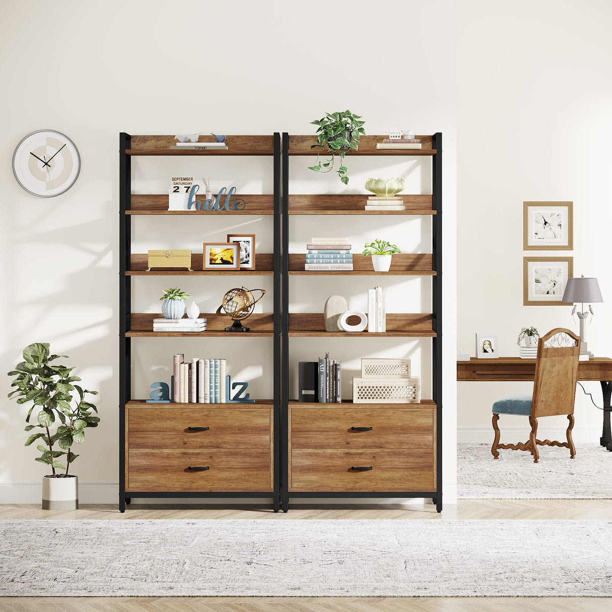 Tribesigns 70.8" Rustic Brown Industrial Bookshelf with Drawers and Open Shelves Tribesigns