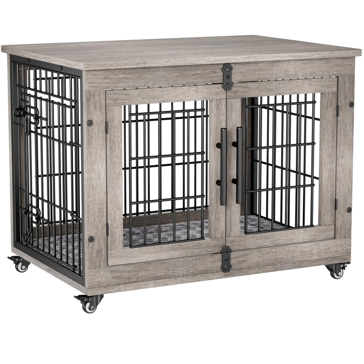 Lulive Dog Crate Furniture, Dog Kennel Indoor Double Doors Wooden Dog Cage, 33'' Heavy Duty Dog Crate with Cushion & Wheels, Decorative End Table Pet House Chew-Resistant for Medium/Small Dog, Grey Lulive