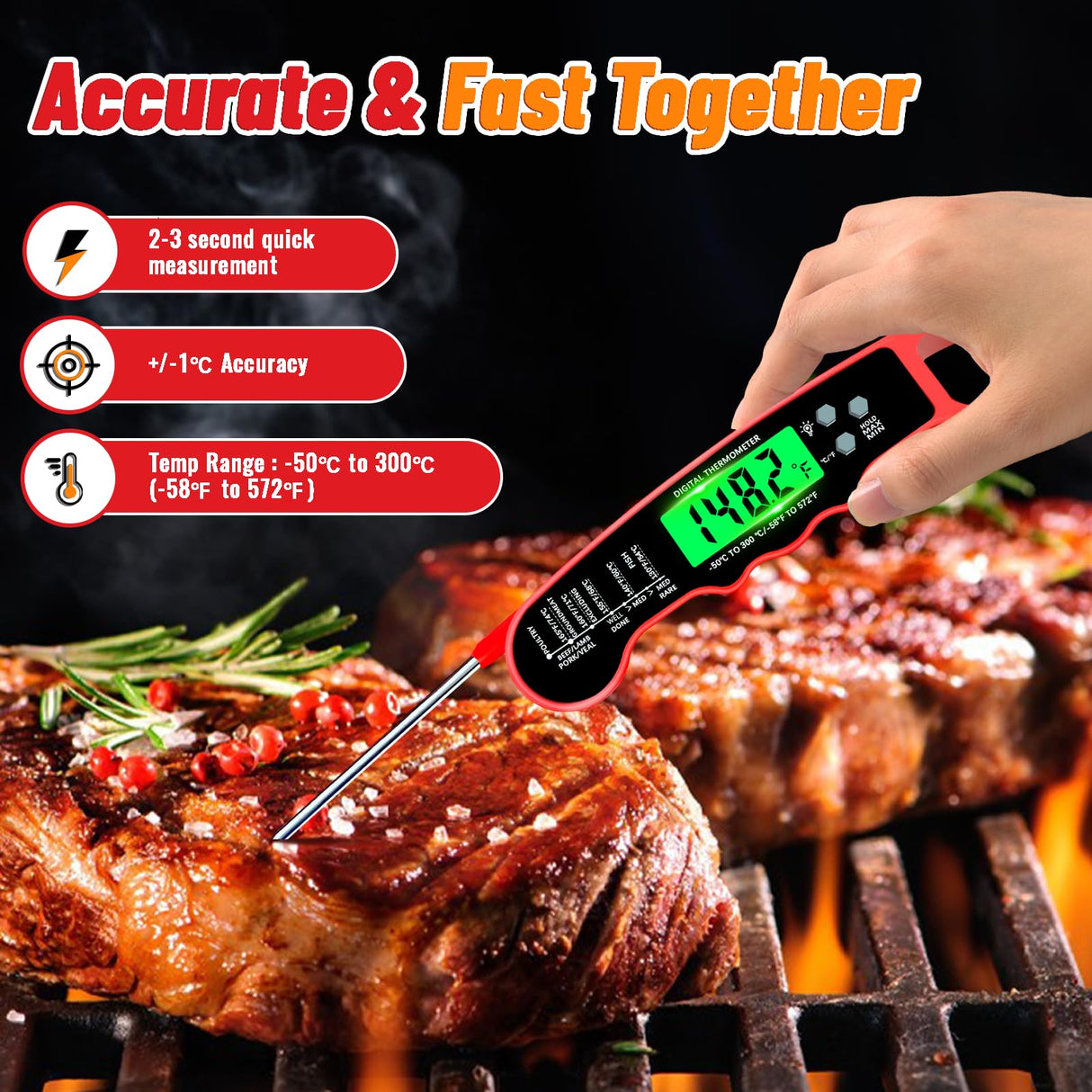 Meat Thermometer Digital, IP67 Waterproof Food Thermometer for Cooking and Baking, Instant Read Meat Thermometer with Backlight, Hold Function & Magnet for Kitchen, Beef, Grill, BBQ, Candy, Turkey PAWPRO