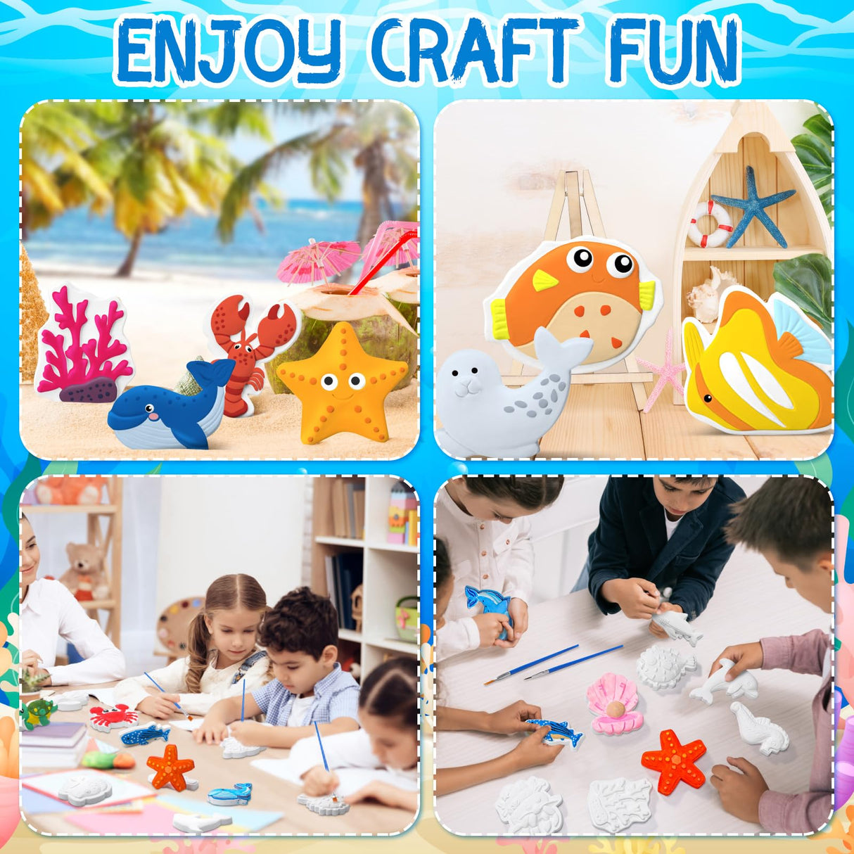 Soulchen 24 Set Ocean Animals Ceramic Painting Kits Sea Animals Ceramic Figurines to Paint with Magnets, Paint Your Own Summer Crafts DIY Unpainted Plaster Figurine Arts with Brushes Palettes Soulchen