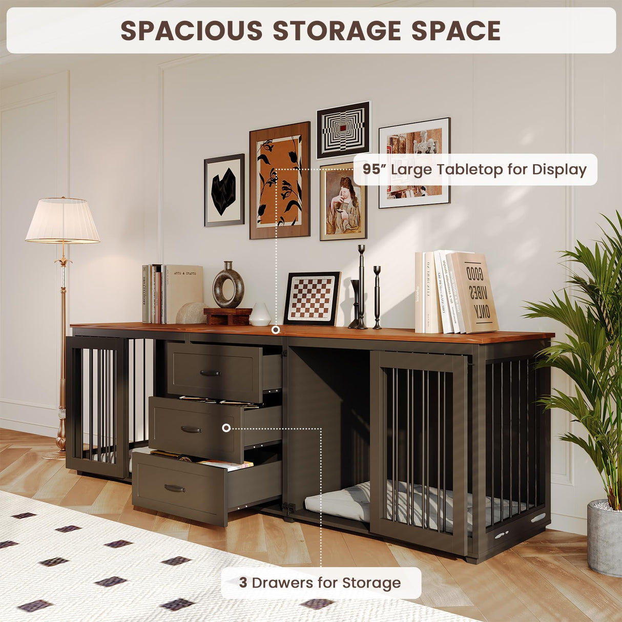 Furniture Style Dog Crate - Farmhouse Wooden Dog Kennel Furniture with 3 Drawer, Double Doors with Locks, 95"x23"x32"H, Black MOWPEX