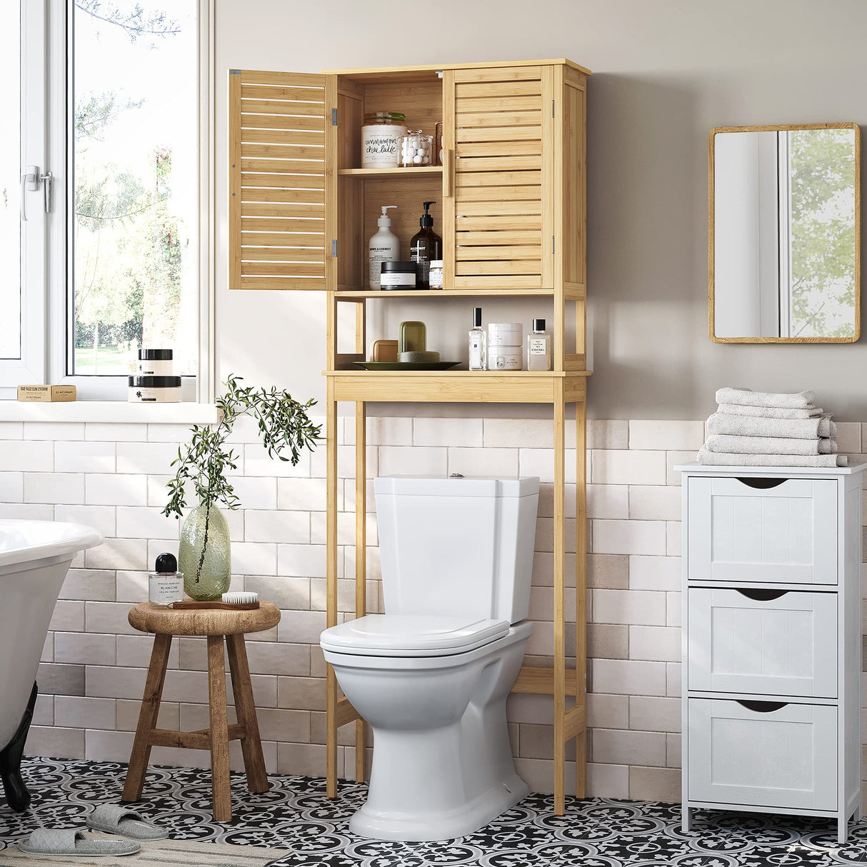 SONGMICS Over The Toilet Storage Cabinet, Bathroom Cabinet with Adjustable Inside Shelf and Bottom Stabilizer Bar, Space-Saving Toilet Rack, Natural Beige UBTS010N01 SONGMICS