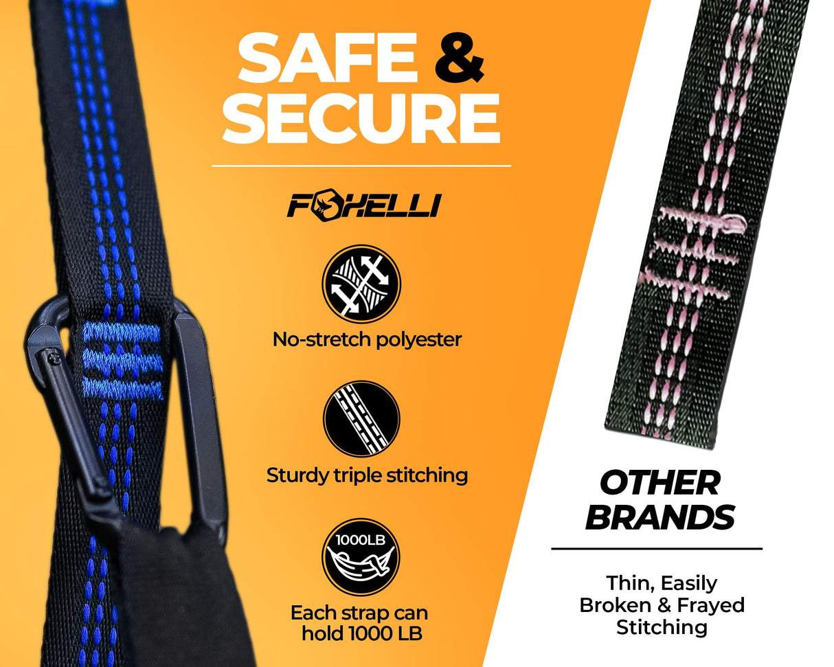 Foxelli XL Hammock Straps - Extra Long 20FT Heavy Duty No-Stretch Suspension System, 40+2 Loops, 2000 LBS Capacity, for Indoor/Outdoor Use – Set of 2 Straps & Carry Bag Foxelli