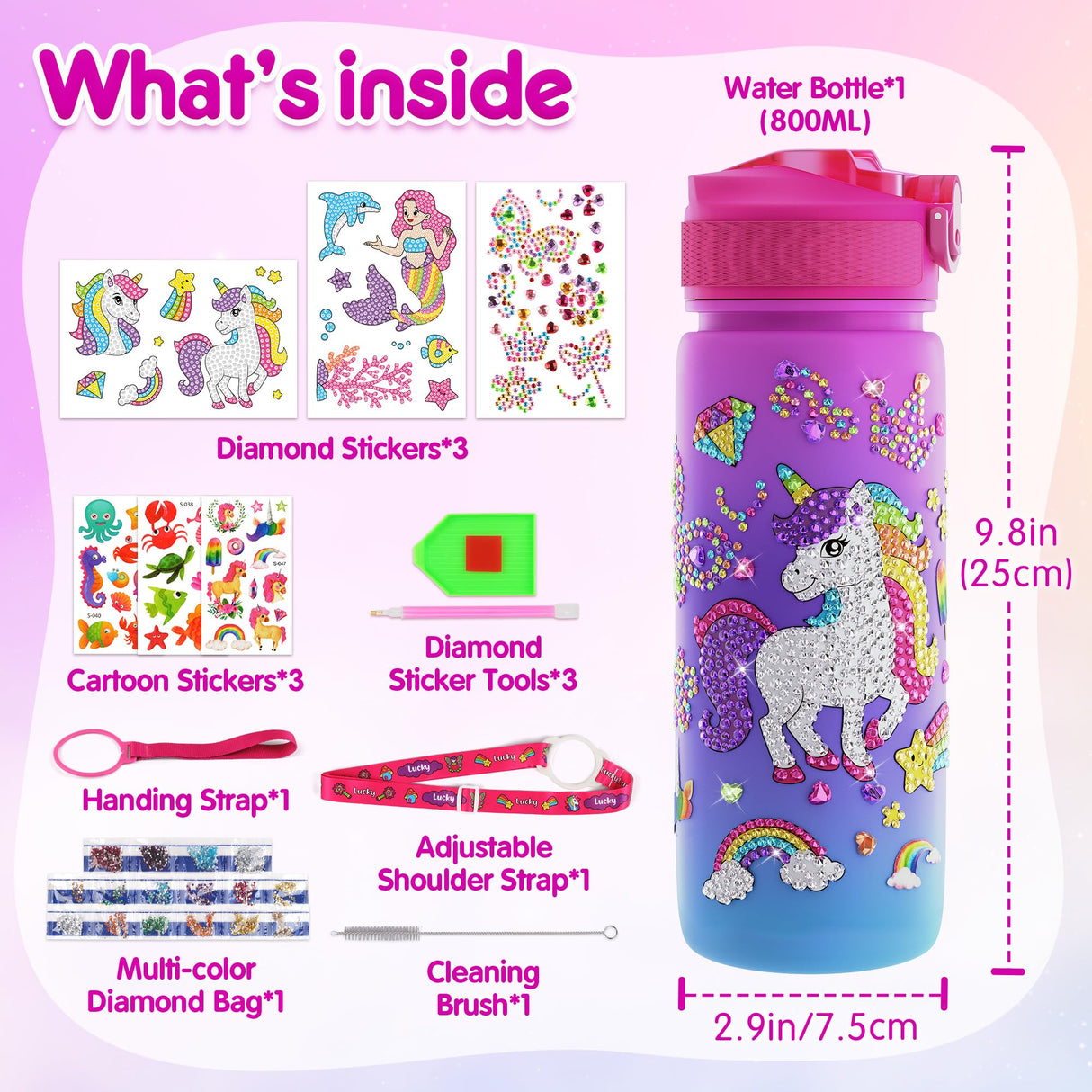 Mocoosy Decorate Your Own Water Bottle Kit for Girls, Art Crafts for Kids Ages 4-6-8-12, Unicorn & Mermaid Diamond Art Painting Toys Summer Craft Activity Birthday Gift Ideas for Girls 5-10 Years Old Mocoosy