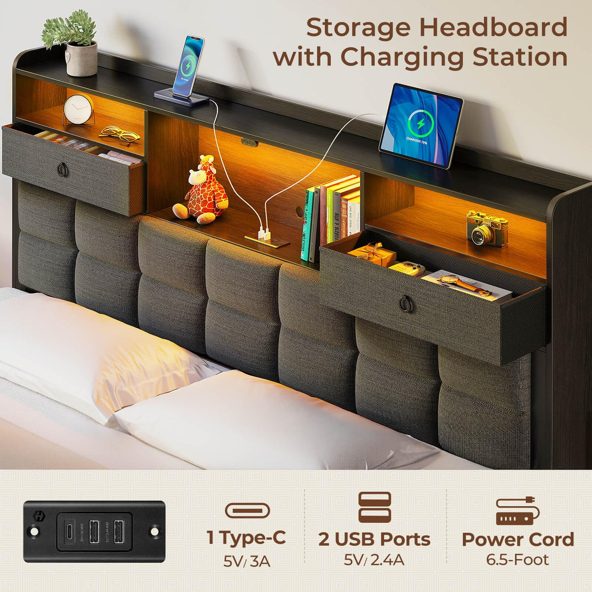 Rolanstar Bed Frame King Size with Drawers and Charging Station, Upholstered Platform Bed with Storage Headboard and LED Light, Heavy Duty Metal Frame Support, No Box Spring Needed, Noise Free, Grey Rolanstar