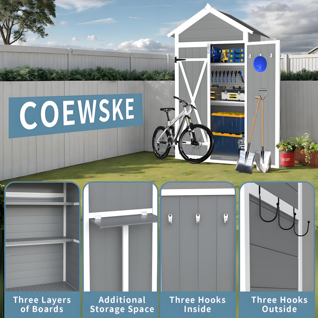 COEWSKE Outdoor Storage Shed, Small Tool Storage Cabinet, Waterproof Weather Resistant Wood Storage House Lockable with Floor for Backyard, Garden, Patio COEWSKE