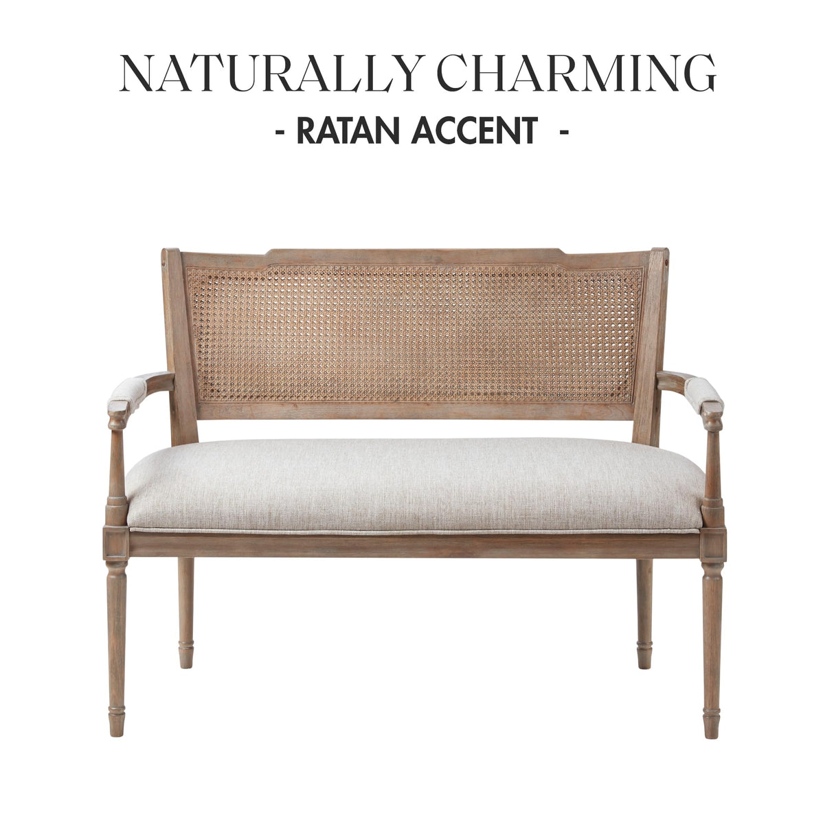 Madison Park Willshire Natural Rattan Settee, Upholstered Seat - Charming Country Design, Rustic Reclaimed Wood Finish, Ratan Insert Backrest & Padded Arm Rest, 47.25" Wide Beige/Reclaimed Natural Madison Park