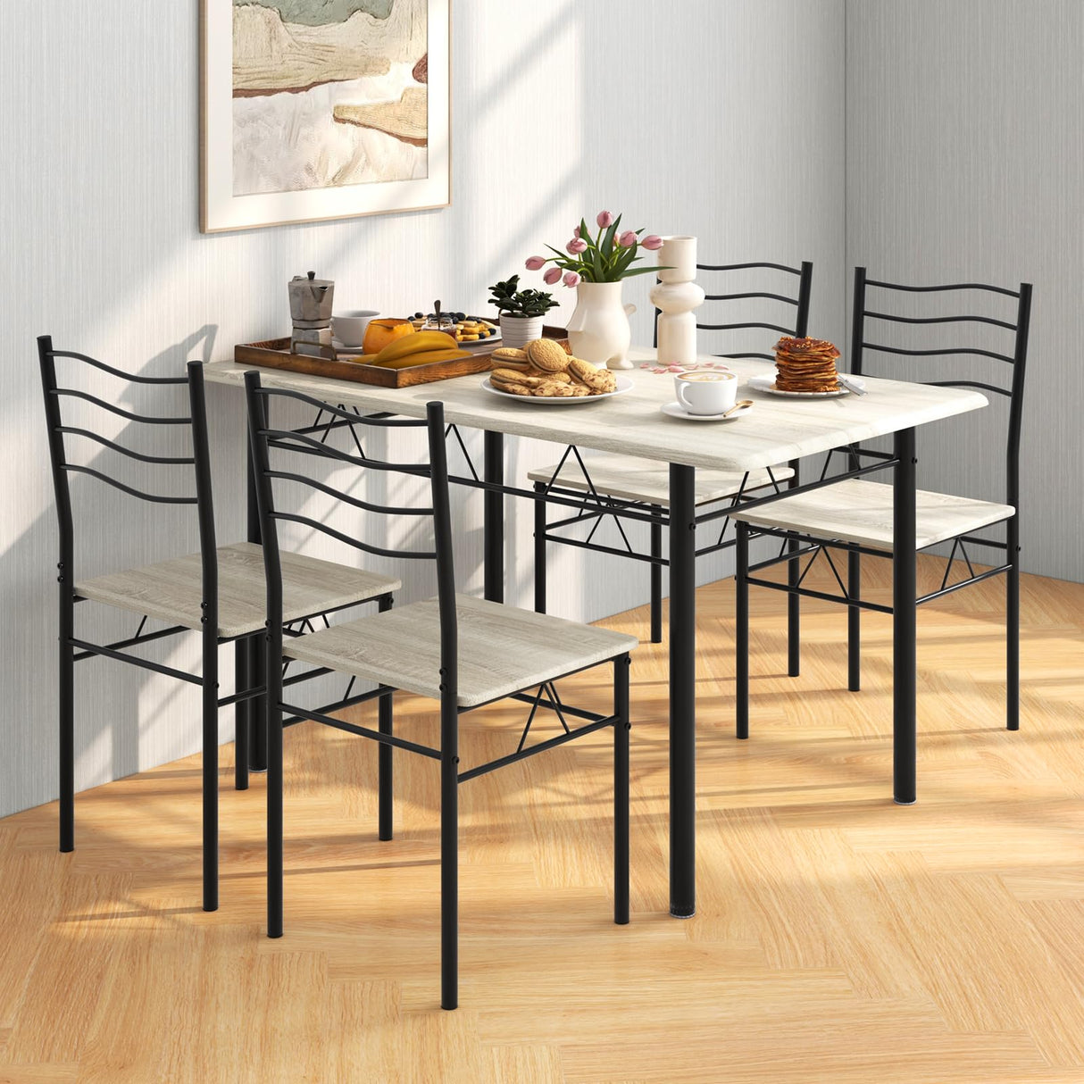 Giantex Modern 5 Piece Dining Table Set for 4 Chairs Wood Metal Kitchen Breakfast Furniture (Beech Wood) Giantex