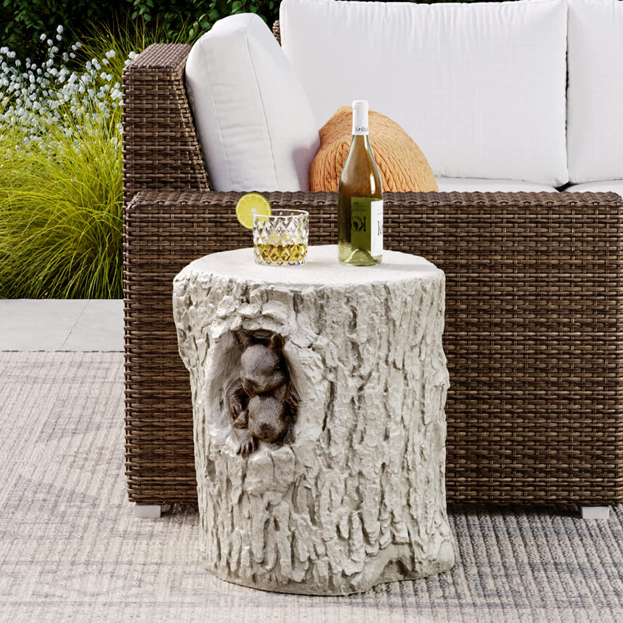 COSIEST Outdoor Antique Beige Side Table Faux Wood, Hand-Painted Wood Stump Stool w Sculpted Squirrel, Outdoor Accent Table, Ottomans, Plant Stand, Deck or Garden COSIEST