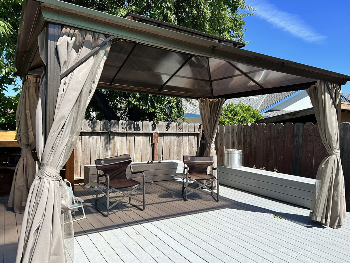 YOLENY 10'x13' Hardtop Gazebo, Outdoor Polycarbonate Double Roof Canopy, Aluminum Frame Permanent Pavilion with Curtains and Netting, Sunshade for Garden, Patio, Lawns YOLENY