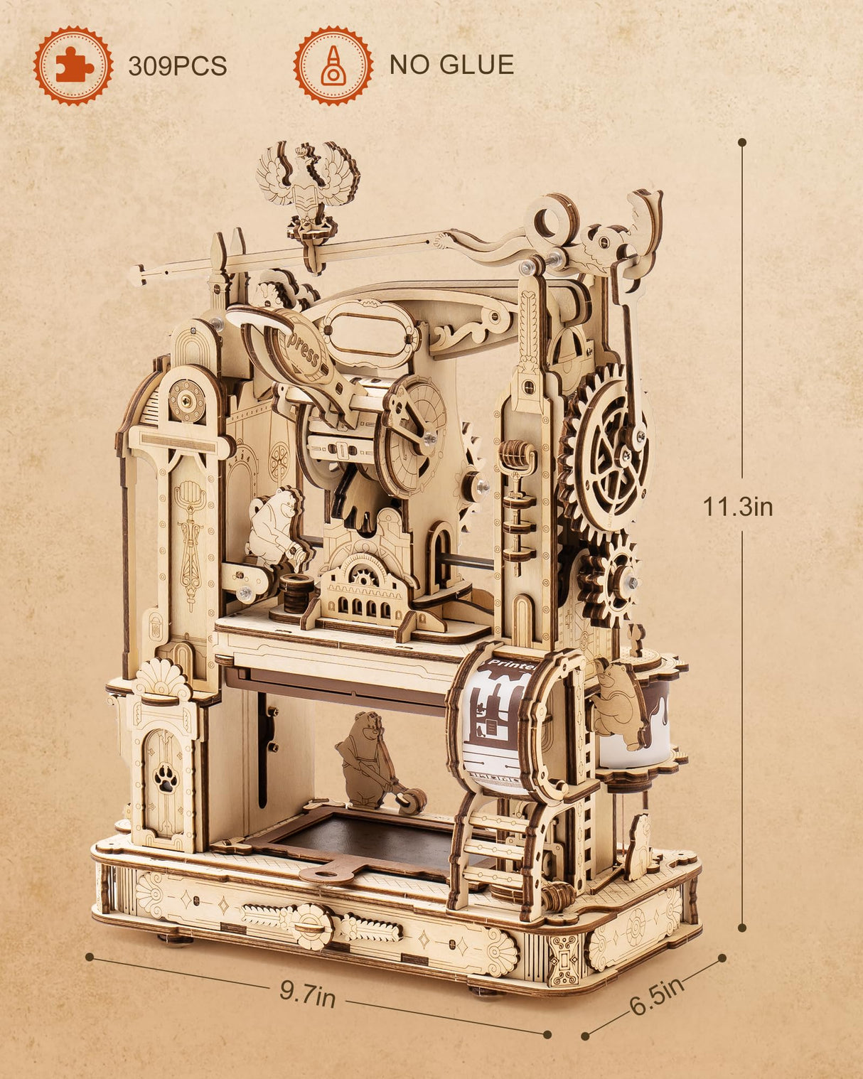 Wowood 3D Puzzles for Adults, STEM Building Kits for Kids, DIY Mechanical Gears Wooden Puzzles, Birthday Gifts for Men/Women (Classic Printing Press) Wowood