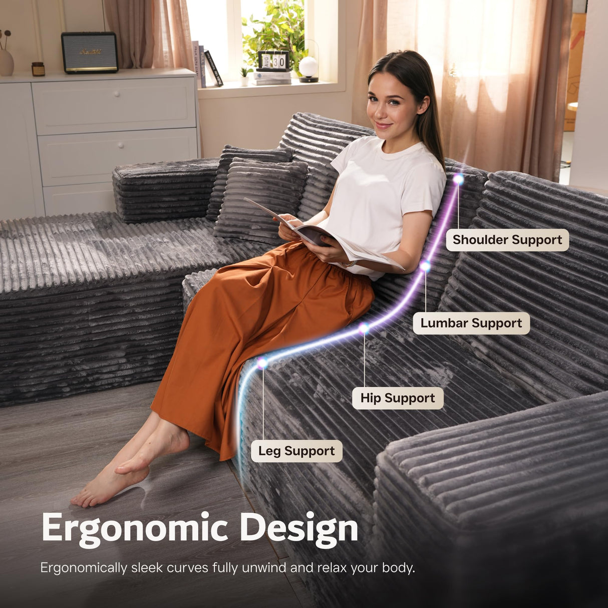 ovios Sectional Cloud Couch for Living Room, Modular Floor Sofa with Plush Corduroy, No Assembly Required, Big Comfy Couches Set with Fluffy Memory Foam, Stupendous U Shaped Sofas with Chaise, Grey ovios