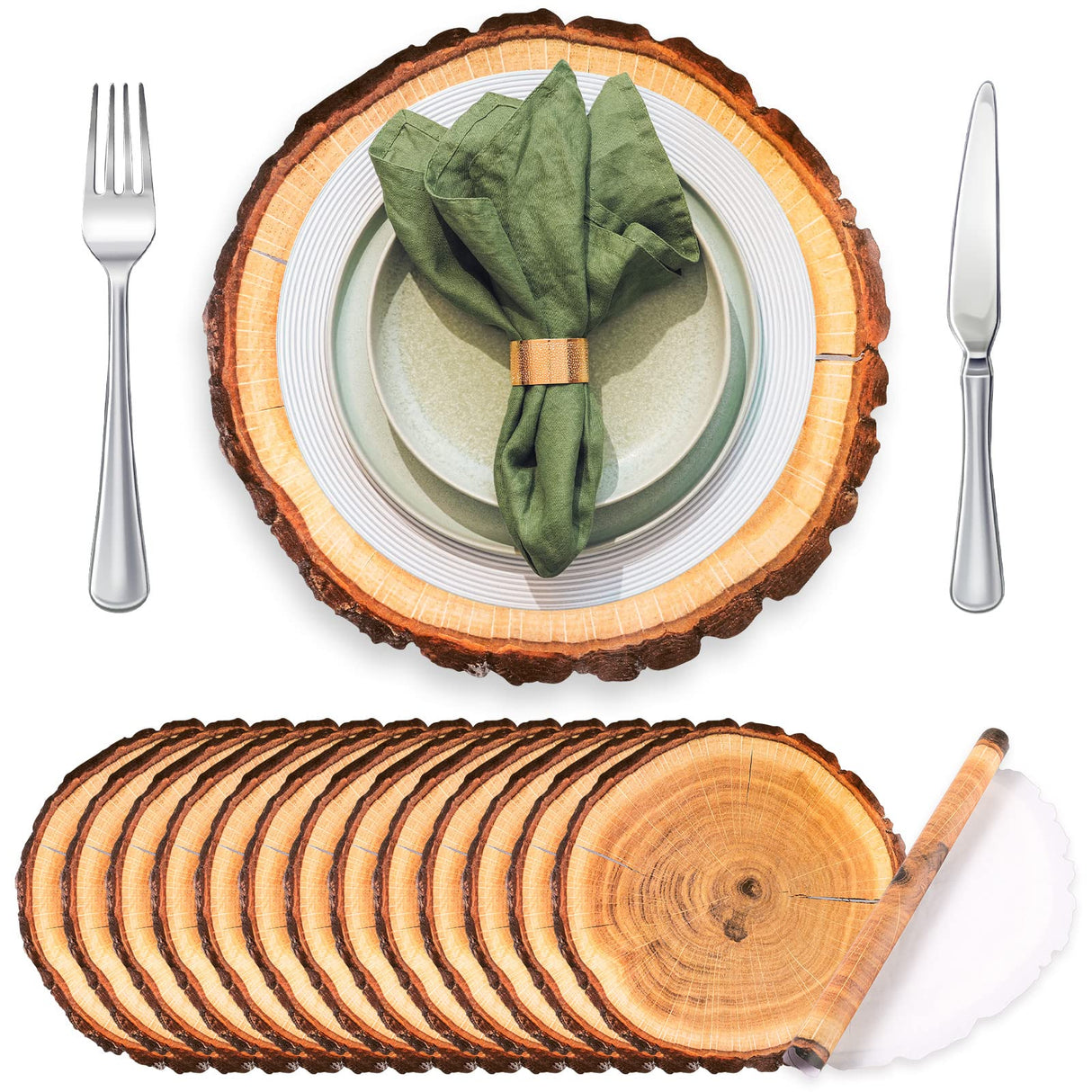 TaoBary 100 Pieces Disposable Wooden Slice Paper Place Mats Round Rustic Brown Wood Slices Charger Place Mat Bulk Table Paper Placemats for Summer Spring Fall Wedding Dinner Baby Shower Birthday Party TaoBary