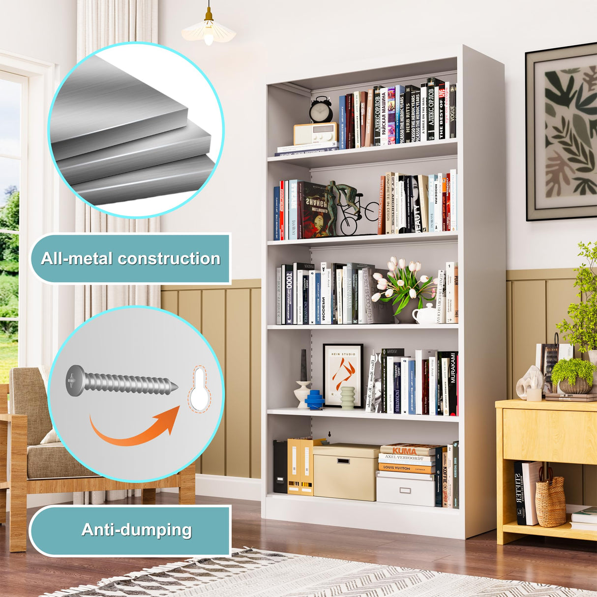 Bookcase, 5 Tier Metal Bookshelves, 66" Tall Free Standing with Adjustable Storage Shelves, Large Bearing Bookcase for Bedroom Living Room Home Office,White Bookshelf METALREAD