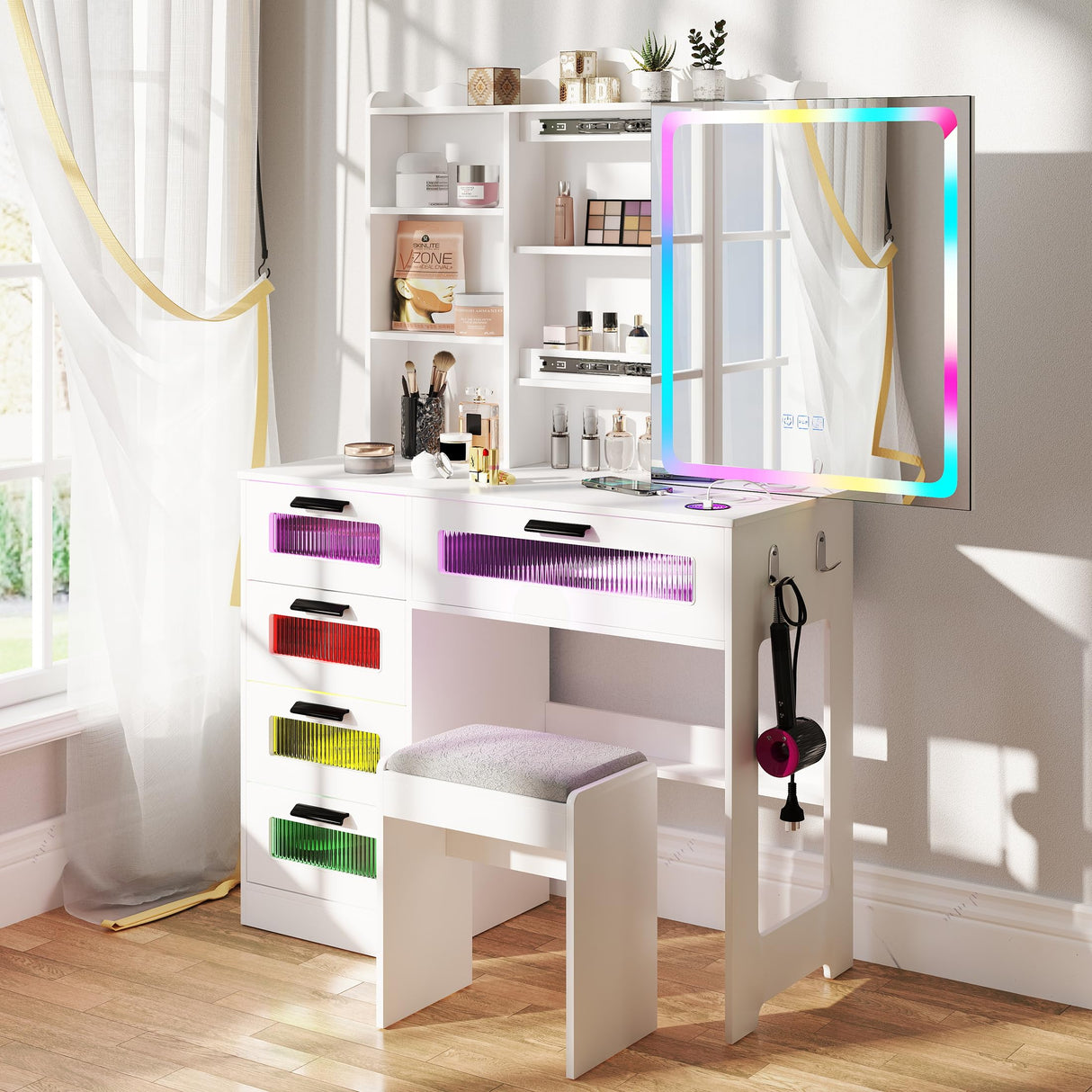 SumKea RGB LED Vanity Desk, Makeup Vanity Table with Mirror and Lights, Vanities Dressing Table with Drawers, Cushioned Stool, White SumKea