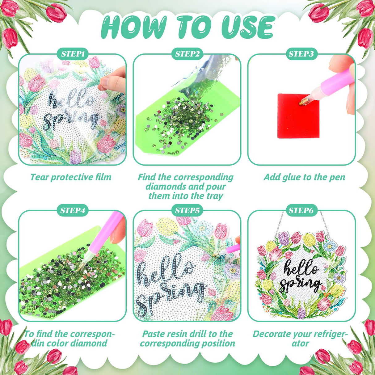 Menkxi 3 Pcs Spring Flowers Diamond Painting Kit DIY Spring Diamond Painting Hanging Sign Crystal Rhinestone Door Sign Wall Hanging Crafts for Beginners Gift Home Wall Window Decor Menkxi