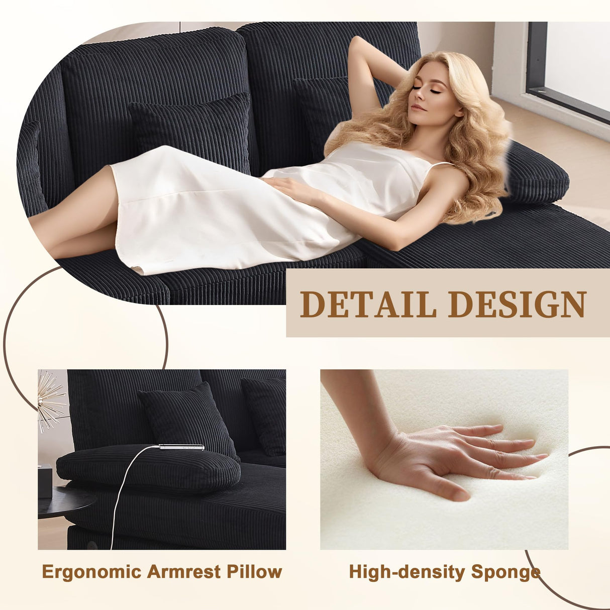 LIFEISLE 104" Sectional Couches for Living Room Modular Sofa with Double Chaise U Shaped Sofa Set with Intelligent Light for Home Furniture, Black LIFEISLE