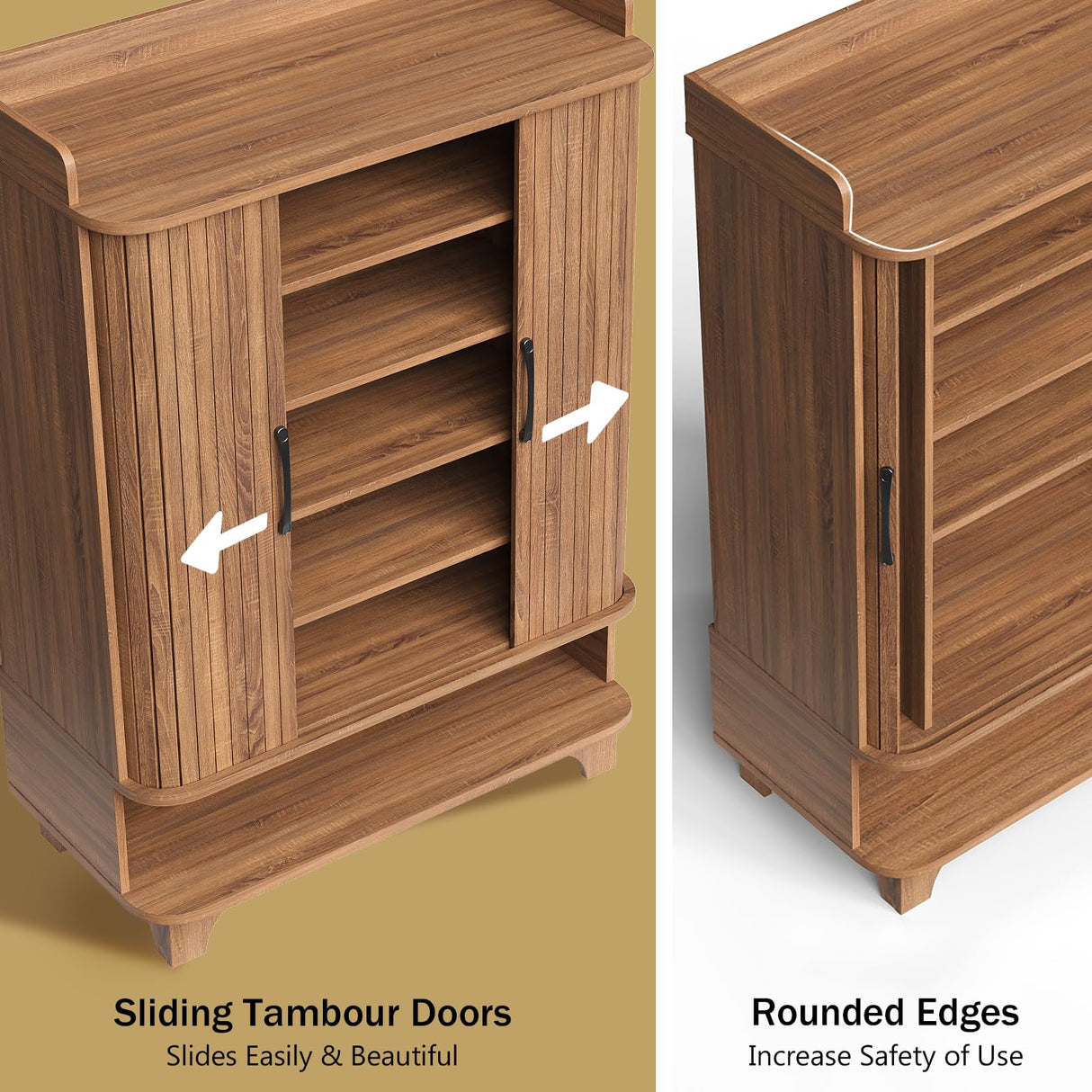 Maupvit 6-Tier Shoe Cabinet with Fluted Sliding Tambour Doors, Entryway Shoe Storage Cabinet with Led Light & Open Storage, 4 Adjustable Shelf, Shoes Rack Organizer for Entryway, Hallway, Living Room Maupvit