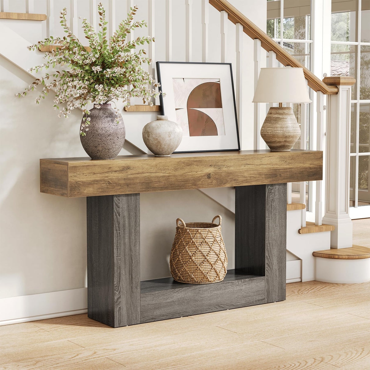 LITTLE TREE 63 Inches Long Console Table, 2-Tier Farmhouse Sofa Table Behind Couch, Large Narrow Entryway Table for Living Room, Wooden Hallway Foyer Table with Heavy Duty Base, Rustic Brown and Grey LITTLE TREE