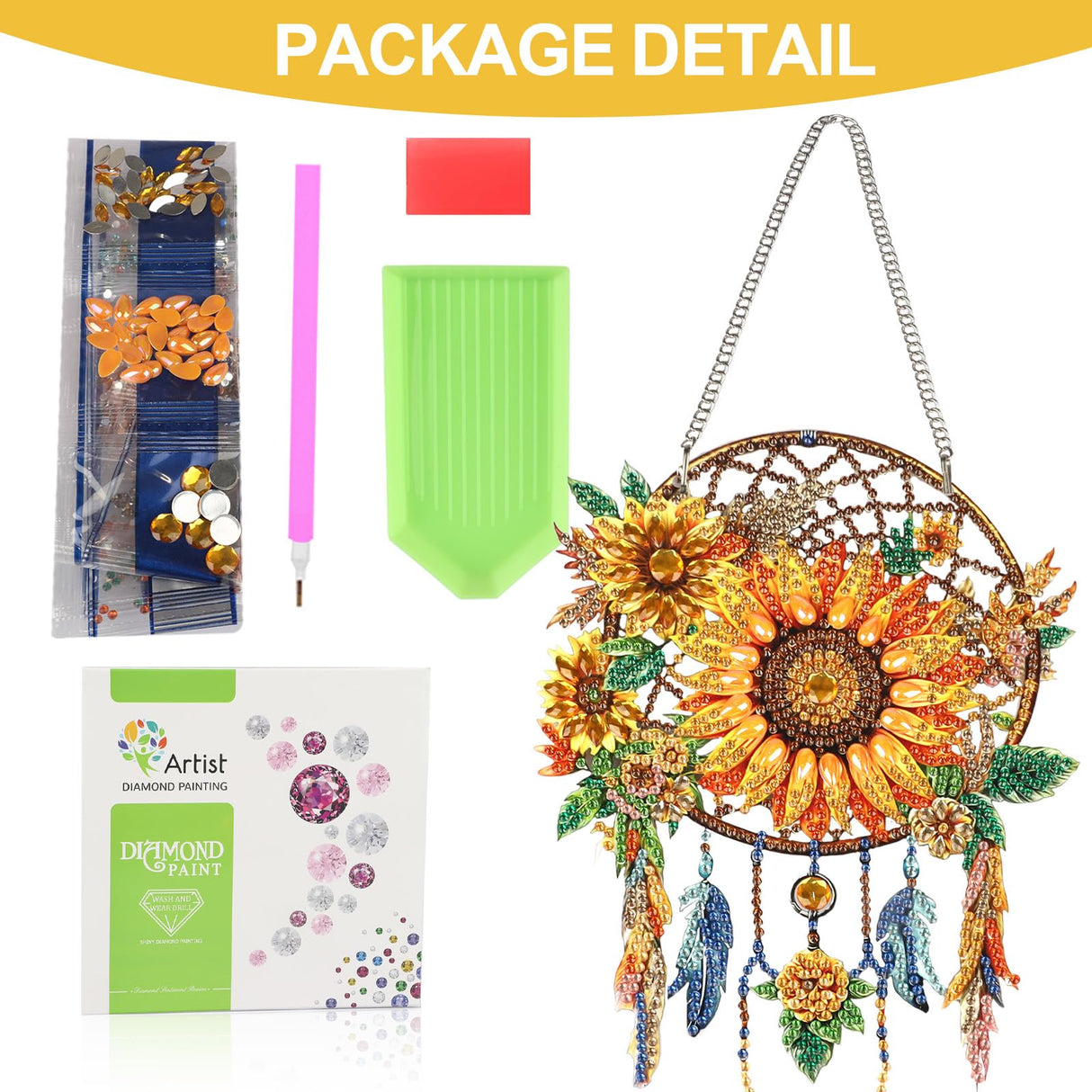CEOVR Sunflower Diamond Painting Hanging Ornament, Dream Catcher 5D Special Shape Diamond Art, Crafts for Adults DIY Gem Art, Acrylic Home Garden Window Wall Decor with Chain, Box Kit, 6.2×7.8in CEOVR