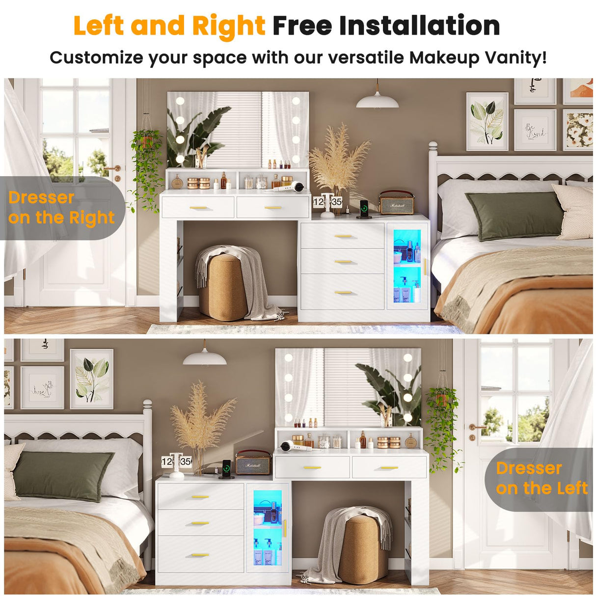 AOGLLATI Makeup Vanity Desk with Mirror and Lights & Charging Station, White Vanity Table with 3 Drawers LED Dresser, Makeup Desk with 3 Lighting Modes, 5 Drawers and Cabinet Storage AOGLLATI