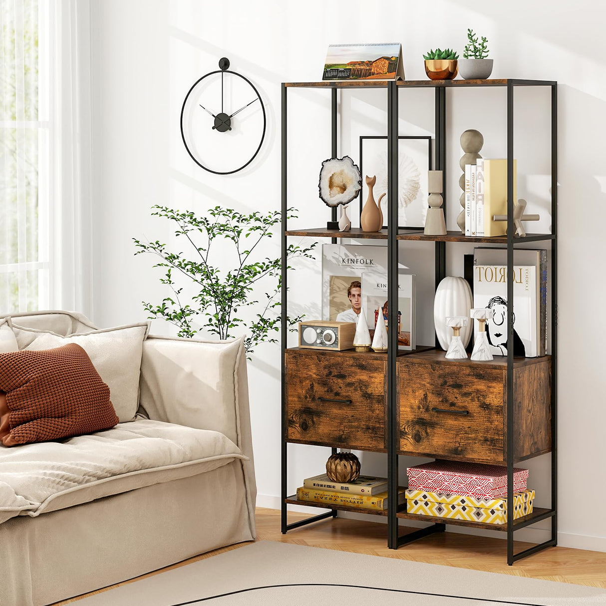 Tangkula 4-Tier Bookshelf with Drawer, 62.5” Tall Narrow Bookcase with Metal Frame & Anti-tip Kits, 4 Open Shelves & Pull-Out Drawer, Modern Slim Display Storage Rack for Living Room Study (2, Brown) Tangkula