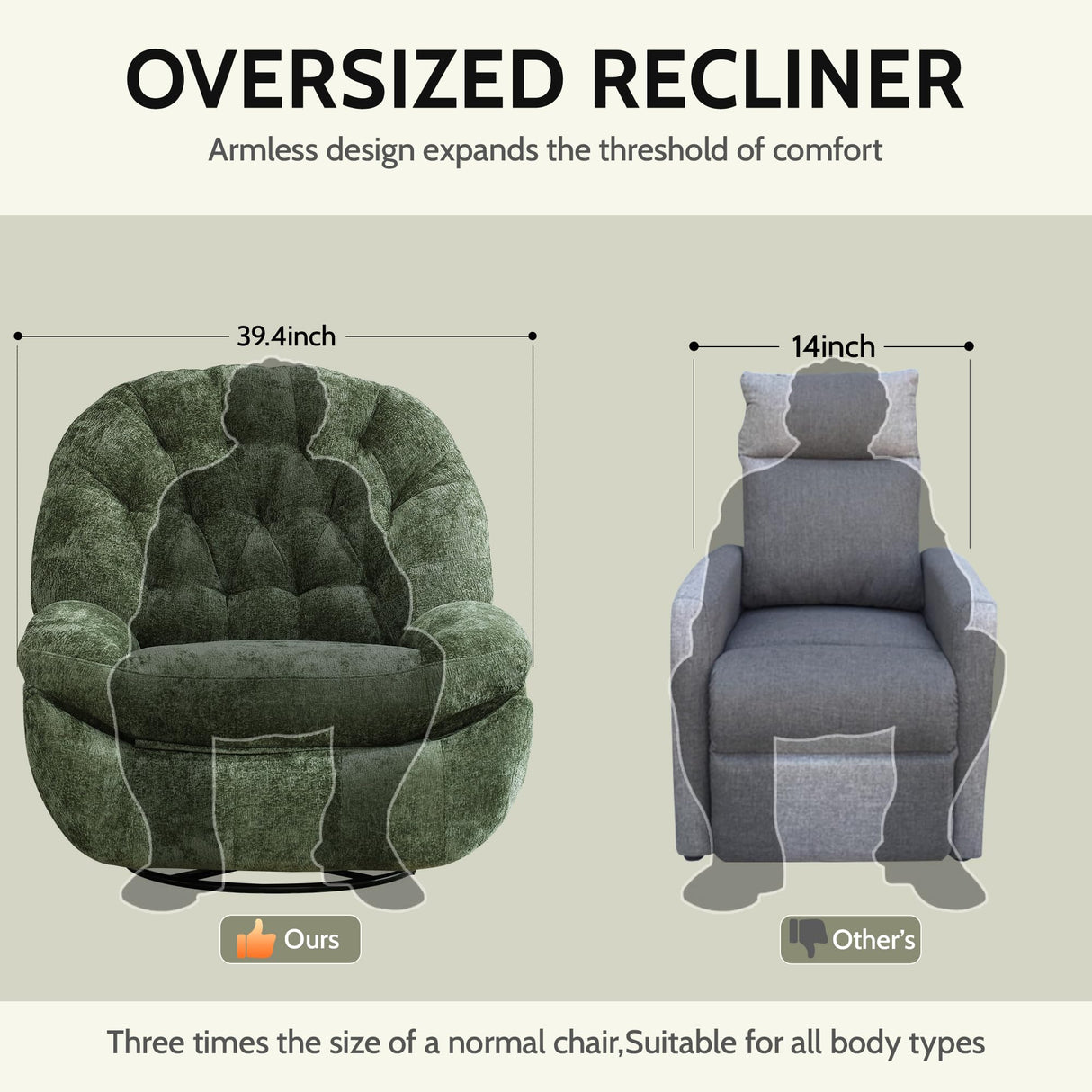 Immulize 360°Swivel Rocker Recliner Chair,Manual Rocker Recliner Chair with Phone Holder,Rocking Oversized Recliner,Large Recliner Glider Chair for Living Room,Bedroom,Chenille,Green Immulize