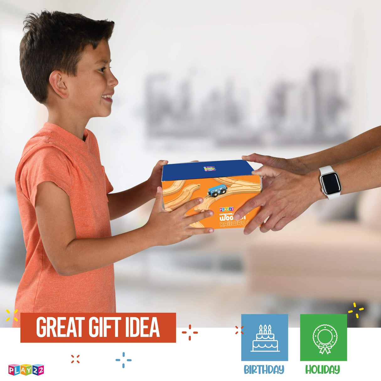 Play22 Wooden Train Tracks - 52 PCS + 2 Bonus Car Toy Trains - for Kids is Compatible with Thomas Wooden Railway Systems and All Major Brands - Play22