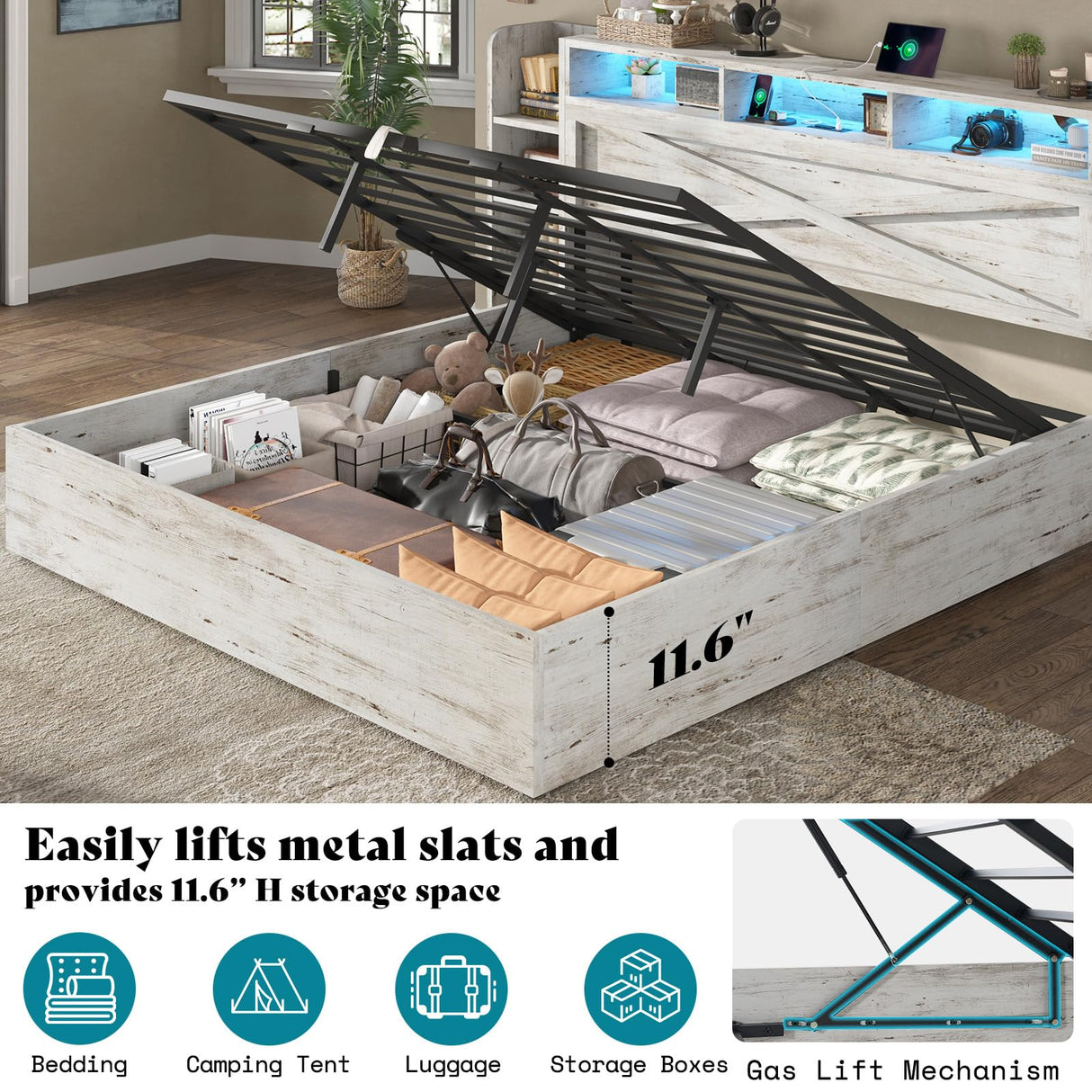 AMERLIFE King Size Lift Up Storage Bed Frame, 45.1" LED Bed Frame with 2 Side Shelves & Bookcase Headboard, Farmhouse Wood Platform Bed with Charging Station, No Box Spring Needed, Distressed White AMERLIFE