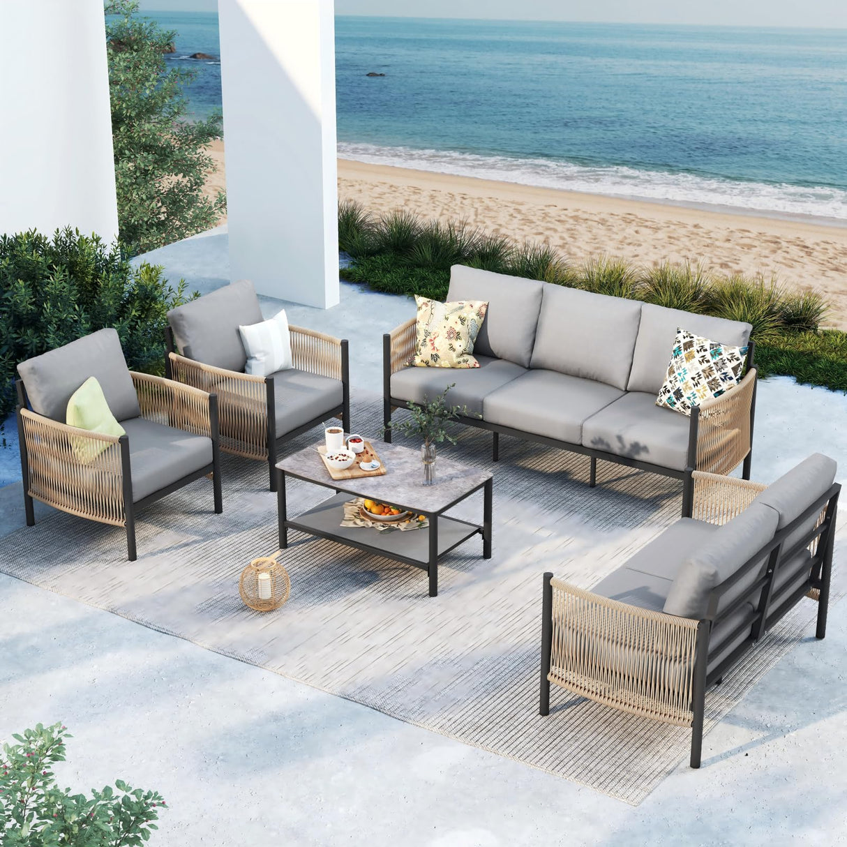 Oasbira Aluminum Outdoor Patio Furniture Set, HDPE Rope 5 Piece Modern Sectional Conversation Sets with Dual-Layer Coffee Table, All Weather Patio Couch Sofa with Thick Cushions, Gray Frame, Gray Oasbira