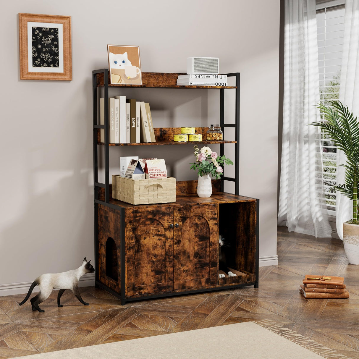 Litter Box Enclosure with 2 Storage Shelves Hidden Cat Litter Box Furniture with Scratch Pad, Indoor Cat House Kitty Box Washroom Cat Bookshelf Cabinet Retro Brown Hipicute