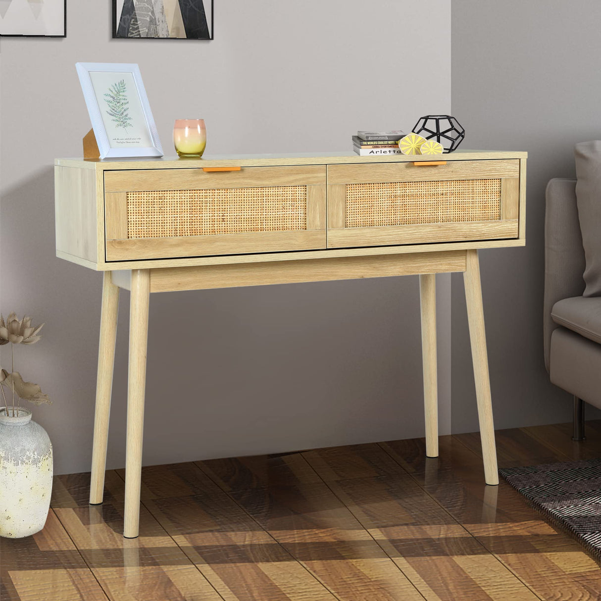 DOALBUN OKL 39" Console Table, Oak Entryway Table with 2 Rattan Drawers, Sofa Table with Wood Frame and Bamboo Storage Shelf, Rustic Hallway Table for Living Room Foyer Entryway (Natural) DOALBUN