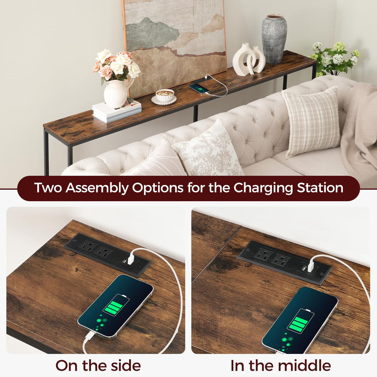 MAHANCRIS 78.7" Console Table with USB Ports, Sofa Table, Narrow Entryway Table with Outlets, 11.8" Wide Couch Table, Industrial Entry Table for Hallway, Living Room, Bedroom, Rustic Brown CTHR320E01 MAHANCRIS