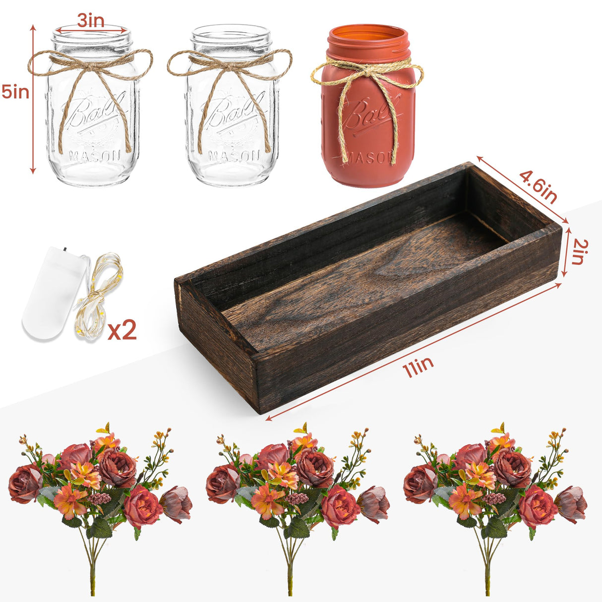 DUOER 3 Pcs Mason Jar Centerpiece Table Decorations for Dining Table Decor Farmhouse Coffee Table Decor with Wood Tray and Led Light Table Centerpieces for Dining room Kitchen Living Bathroom,Orange DUOER