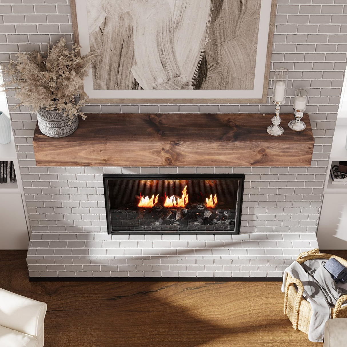 Fireplace Mantel, 60 Inches Hollow Wood Mantel with Invisible Heavy Duty Wood Bracket, Faux Fireplace Mantel for Over Fireplace, Rustic Floating Shelves for Wall, Brown Weyderk