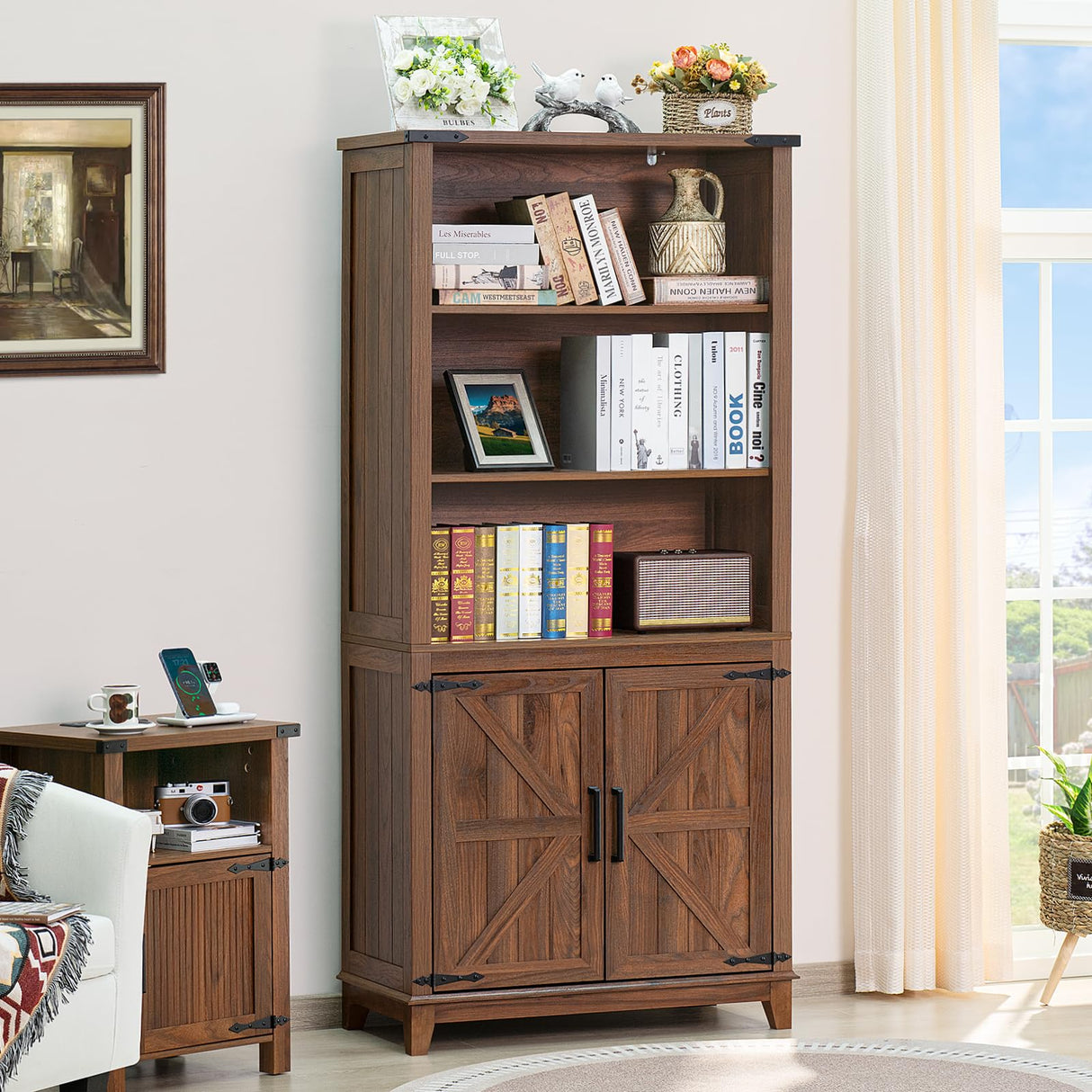 Joaxswe 70in Tall Bookshelf 5 Tier Bookcase with Barn Doors and Adjustable Shelves, Brown Farmhouse Book Shelf with Storage Cabinet, Wood Freestanding Display Bookshelves for Bedroom, Living Room Joaxswe